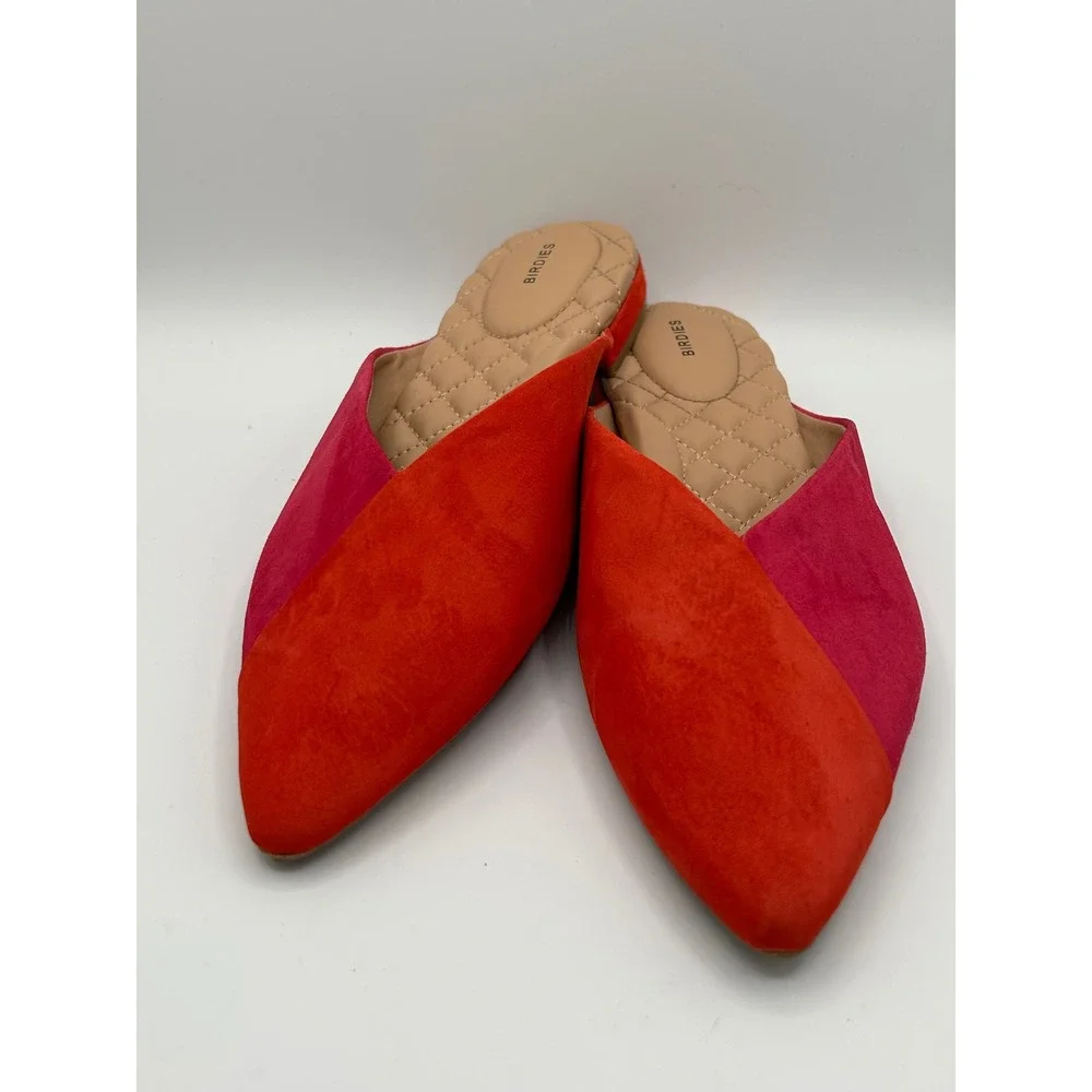 Birdies The Swan Mules Women Sz 8.5 Red Pink Suede Colorblock Pointed Toe Flats